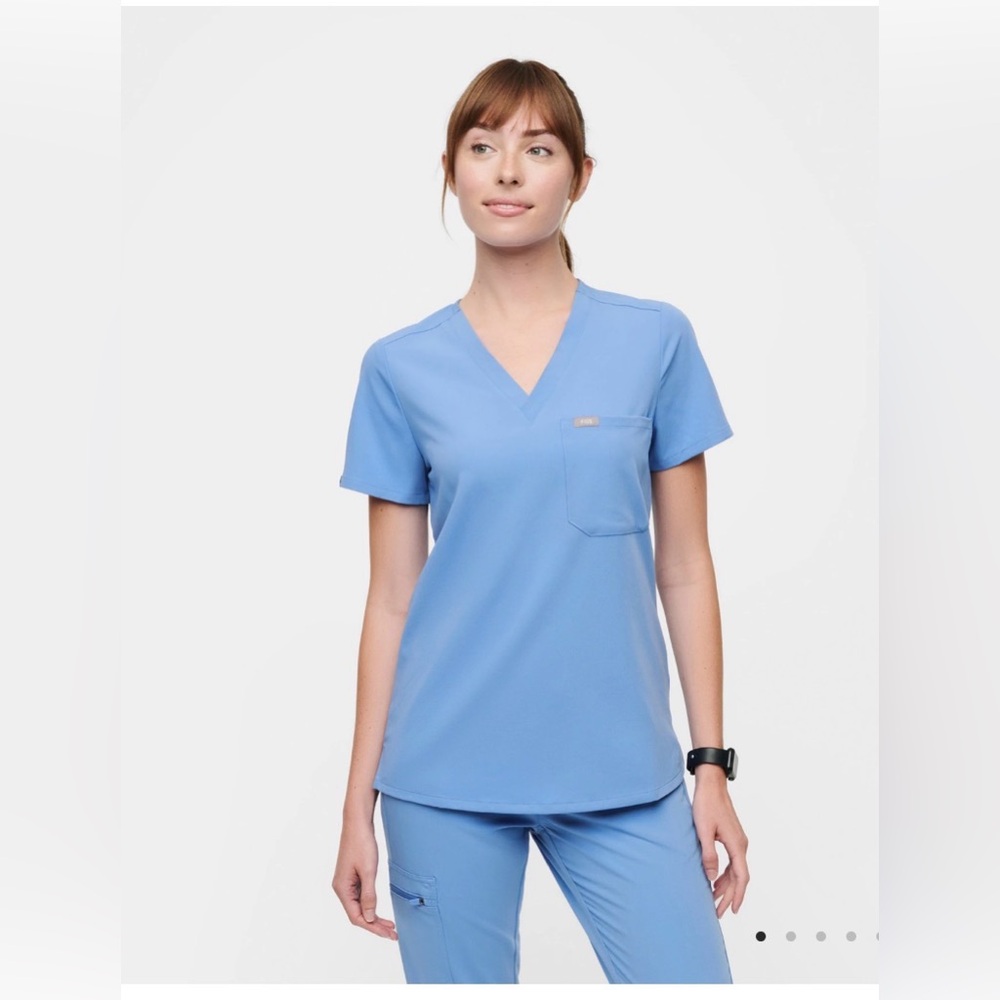 FIGS Women's Short Sleeve V-Neck Scrub Top in Ceil  Blue
